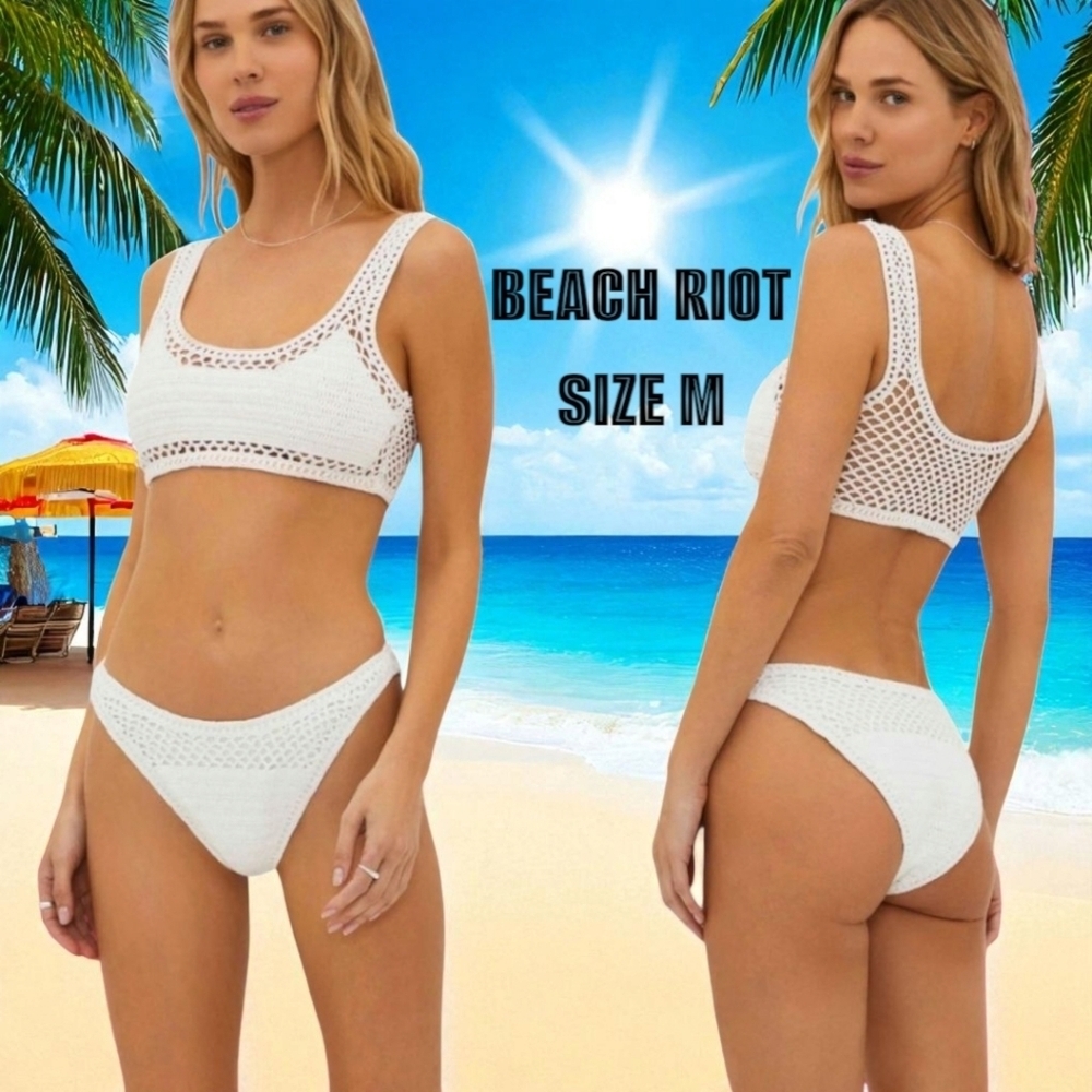Beach Riot Woman's Swimsuit White Crochet Top And Bottom Bikini Set•NWT•Medium